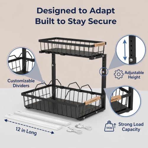 Under Sink Organizer with Motion-Activated LED Lights, 2 Pack, 2 Tier Sliding L-Shaped Carbon Steel Rack with Adjustable Height, Dividers & Hooks (Black) - color: Black