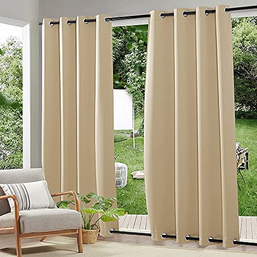 RYB HOME 2 Panels Windproof Outdoor Curtains - Weighted Blackout Waterproof Drapes Thermal Insulated Privacy Draperies for Pergola Porch Sliding Door, Biscotti Beige, Wide 52 x Long 108 | Waterproof Drapes Thermal Insulated, Privacy Draperies for Pergola