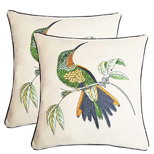 Set of 2 Embroidered Decorative Throw Pillow Covers Couch Square Pillowcases Cushion for Bedroom Sofa Farmhouse Decor 18x18 Inch (Hummingbird) - color: Hummingbird