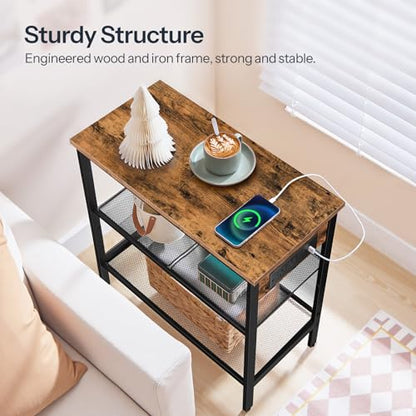 HOOBRO End Table, 3-Tier Narrow Side Table with Charging Station, Nightstand with 2 Flat or Slant Adjustable Shelves for Small Spaces, Living Room, Bedroom, Rustic Brown and Black BF23UBZ01G1 - color: Rustic Brown + Black