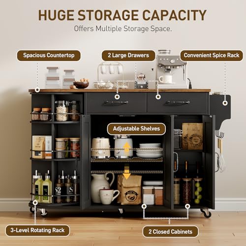 Kitchen Island with Power Outlet & Drop Leaf, Kitchen Rolling Island with Rotating Organizer, Kitchen Island Cart with Storage Cabinet, Mobile Island Table for Kitchen, Black and Rustic Brown - color: Black + Rustic Brown