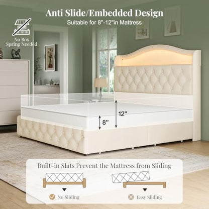 Queen Size Bed Frame and Headboard & 4 Storage Drawers | Upholstered Platform Bed Frame with RGB LED Lights & Charging Station, No Box Spring Needed, Easy Assembly, Noise-Free, Beige