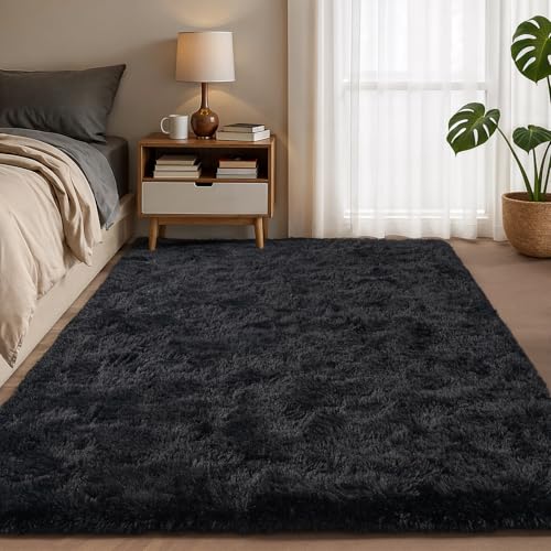Zentavio Black Area Rugs for Living Room Bedroom 4x6 Men Room Carpet Fluffy Furry Shag Aesthetic Plush High Pile Floor Rug for Nursery Kids Room Dorm Home Decor - color: Black, size: 4' x 6' (Rectangular)