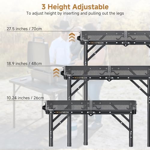 Folding Camping Table, 22.8"x15.7" Picnic Table, 3 Adjustable Height | 2-Fold Mesh Black Aluminum, Handle for Party Dining Garden Patio, Max 27.5" Folding Table
