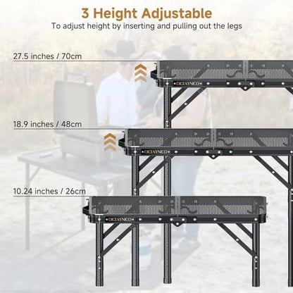 Folding Camping Table, 22.8"x15.7" Picnic Table, 3 Adjustable Height | 2-Fold Mesh Black Aluminum, Handle for Party Dining Garden Patio, Max 27.5" Folding Table