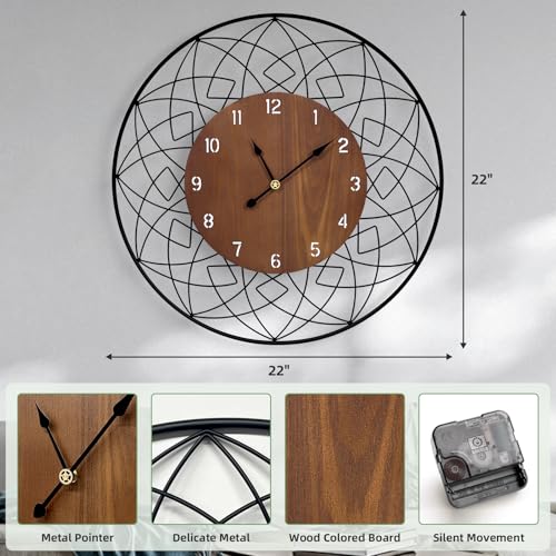 22 Inch Wood Wall Clocks Silent Non Ticking Battery Operated | Rustic Round Modern Decorative Clock for Living Room, Bedroom, Kitchen, Farmhouse, Office, Home Decor - color: E2 - Round Shape