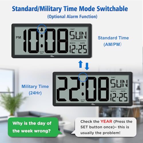 14.5'' Large Digital Wall Clock Battery Operated | Jumbo Numbers, Temperature and Date, Easy to Read and Set, Auto DST, Large Display for Garage, Office, Classroom - color: Black