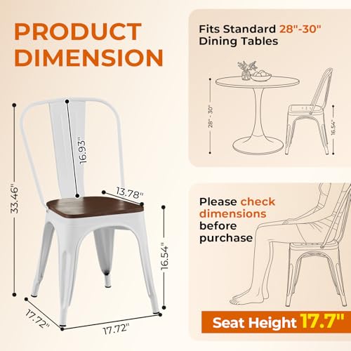 Arctic White Color,Metal Dining Chairs Set of 2 with Wooden Seat | Iron Stackable Industrial Tolix Style Outdoor Farmhouse Kitchen Cafe - color: Arctic White