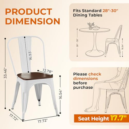 Arctic White Color,Metal Dining Chairs Set of 2 with Wooden Seat | Iron Stackable Industrial Tolix Style Outdoor Farmhouse Kitchen Cafe - color: Arctic White