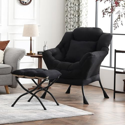 Lazy Chair with Ottoman, Comfy Reading Chair for Bedroom，Black | Comfy Bedroom Accent Chair with Washable Removable Cover and extra throw pillow for Living Room Dorm - color: Midnight Peach Black