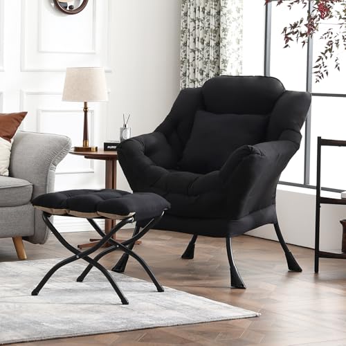 Lazy Chair with Ottoman, Comfy Reading Chair for Bedroom，Black | Comfy Bedroom Accent Chair with Washable Removable Cover and extra throw pillow for Living Room Dorm - color: Midnight Peach Black