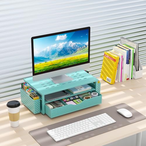 gianotter Desk Organizers and Accessories, Monitor Stand with Drawer and 2 Pen Holder, Desktop Organizer Suitable for Offices and Dormitories (Blue) - color: Blue-Ventilated