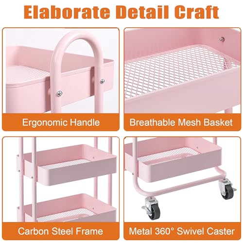 4 Tier Metal Rolling Cart Pink Utility Cart with Wheels,Rolling Pink Cart for Office,Home,Kitchen,Garden（13.4"x18.1"x40"） - color: Pink, size: 40"H