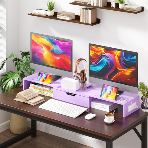 Dual Monitor Stand with USB Ports Wood Monitor Stand Riser with Drawer | Adjustable Desk Shelf,Desk Organizer for Computer,Laptop,Study&Office,No Assembly Required,Pink
