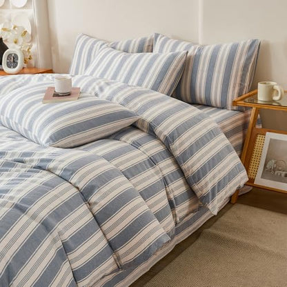 Blue Striped Duvet Cover Set Twin, 100% Washed Cotton Chic Stripes Pattern Printed Bedding Set Twin, 3 Pieces Soft Breathable Duvet Cover Farmhouse Retro Striped Comforter Cover with Zipper Closure - color: 08# Blue Striped, size: Twin(68"x86")