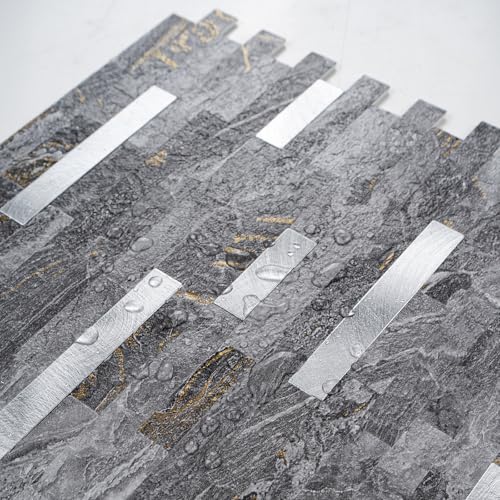 StyloVue 20 Sheets Peel and Stick Backsplash for Kitchen, Gray-Gold Stone with Metal Silver Look Stick on Tile Upgrade Your Kitchen Backsplash, RV, Fireplace - color: Gray-Gold Stone with Metal Silver