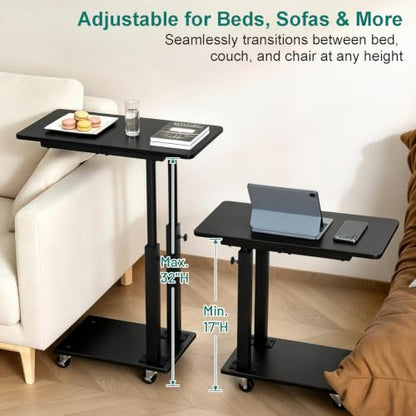 AOODA 22''W TV Tray Table with Wheels Adjustable Height, C Shaped End Tables Living Room, Rolling Couch Side Table with Storage for Sofa, Bed, Recliner (Pure Black) - color: Pure Black