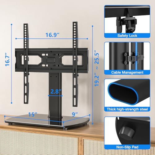 Rfiver Universal Swivel TV Stand for 27-50 55 60 Inch TVs | Height Adjustable Tabletop TV Stand Holds up to 88 lbs, Pedestal TV Stand with Tempered Glass Base, Replacement TV Mount - size: 27-60 inch