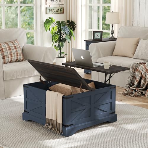 Square Coffee Table with Storage Farmhouse Coffee Table with Lifting Top Modern Wood Center Table for Living Room Home Office, Blue - color: Blue, size: 31.5''W