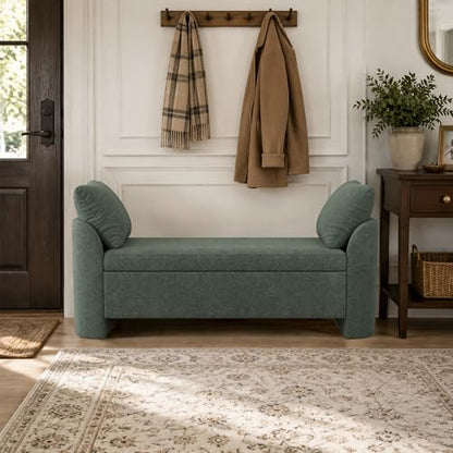 Usaint 58.3" Upholstered Storage Ottoman Bench with 2 Throw Pillows, Green | End of Bed Bench with Curved Arms and Thickened Seat Cushion for Bedroom, Livingroom, Window, Entryway and Dressing Areas - color: Green