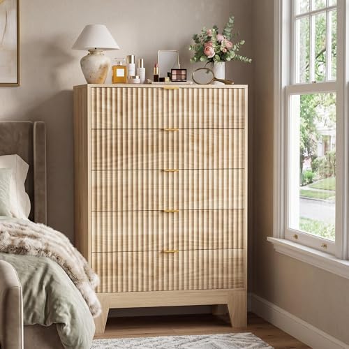 IDEALHOUSE 5 Drawer Dresser for Bedroom, Fluted Dresser for Bedroom | Fluted Door, Sturdy Structure, Easy to Clean - color: Oak, size: 31.5"D x 15.6"W x 47.2"H (5 Drawers)