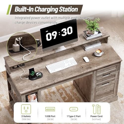 55-Inch Farmhouse Executive Desk with 2 Drawers and File Cabinet, Computer Desk with 3-Tier Storage Shelves, Home Office Desk with Charging Station, Pegboard and Monitor Shelf, Gray - color: Grey