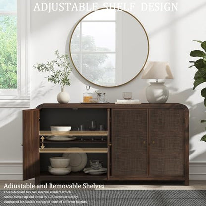 Oak&Sparrow Oak Rattan Sideboard Buffet Cabinet, 60'', 4 Doors | Boho Style, Adjustable Shelves, With Storage, For Living Room, Hallway & Kitchen - color: Dark Walnut