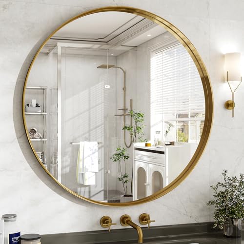 48 Inch Round Bathroom Mirror - Wall Mounted Circle Mirror with Metal Frame, Modern Mirror Suitable for Bathroom, Vanity, Entryway, Living Room, Wall Decor,Gold - color: Gold, size: 48"L x 48"W