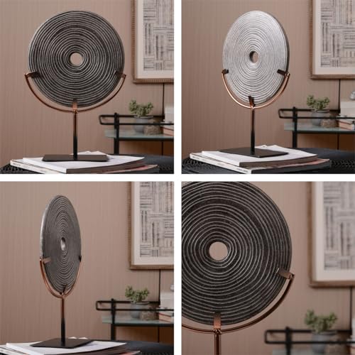 HAUCOZE Modern Home Decor Abstract Sculpture Table Centerpiece Art 13.4inch | Rustic Resin Statue with Metal Stand Round Disc Ornament Screen Figurine Fashion Gift for Desktop Bookshelf - size: 9.1x13.4inch