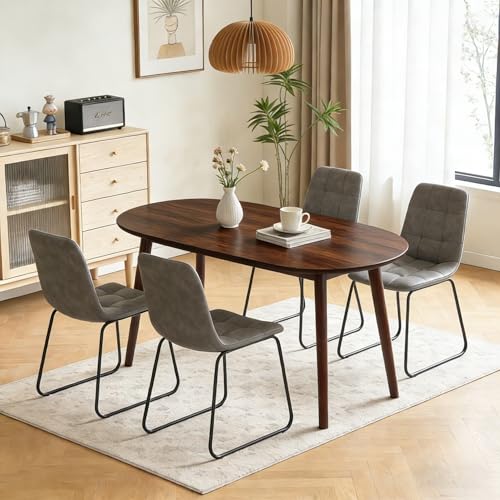 63" Oval Dining Table Set for 4 with Solid Wood Legs | 5 Piece Walnut Dining Table Set for Kitchen and Dining Room Furniture, 4 Grey Dining Chairs, Mid Century Modern - color: Walnut Table C-grey Chairs