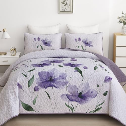 Mybedsoul Floral Quilt Set King Size, 3 Pieces Purple Bedspread Coverlet Set, Lightweight Farmhouse Botanical Bedding Set for Fall Winter All Season(104"x90") - color: Purple, size: King104"x90"