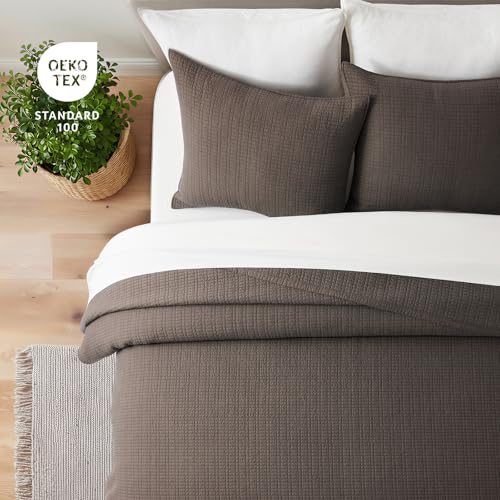 100% Cotton Modern Grid Stitch Quilt Set, King Size, Dark Brown | Pre-Washed Cotton Coverlet Bedspread, Oversized Lightweight 3-Piece Bedding Set for All Season, with 2 Pillow Shams - color: Dark Brown, size: King (110" X 94")