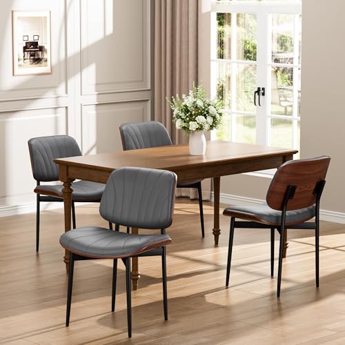 YaFiti Mid Century Dining Chairs Set of 2 with Walnut Bentwood, Gray | Ergonomic Walnut Backrest, Upholstered Waterproof PU Leather Seat, Stable Metal Legs, Adjustable Footpads, Apartment Friendly - color: Gray Scallop