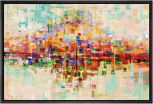 SIGNWIN Framed Canvas Wall Art Bright neon Color Buildings Block with Reflection Places Cityscape Oil Painting Abstract Modern Panoramic Colorful for Living Room, Bedroom, Office - 16"x24" Black - color: B10-2103-spl24, size: 24"L x 16"W