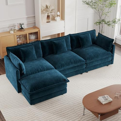 Modular Sectional Sofa, 111.5 Inch L Shaped Couch Set for Living Room, 3-Seater Comfy Cloud Couches with Movable Ottoman, DIY Combination, Chenille, Blue - color: Blue, size: 111.5 Inch- L