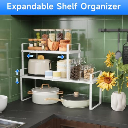 Expandable Cabinet Shelf Organizer, Stackable Kitchen Pantry Counter Storage, Adjustable Closet Cupboard Stand Rack Risers Spice Organization 80LBS Heavy Duty White 2 Pack - color: White