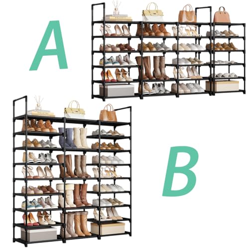 9-Tier Shoe Rack Organizer for 50-55 Pairs, Stackable Large Shoe Stand | Entryway Heavy Duty Shoe Rack, Tall Shoe Boot Storage, Black Metal Shelf for Storing Handbags, Boxes, Books, Flowerpots - size: L 9-Tier