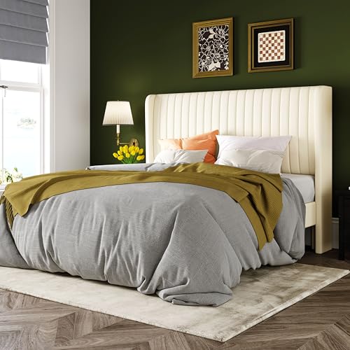 Allewie Full Size Velvet Bed Frame/Vertical Channel Tufted Wingback Headboard/Upholstered Platform Bed/Strong Wooden Slats/No Box Spring Needed/Easy Assembly/Cream White - color: Cream White, size: Full