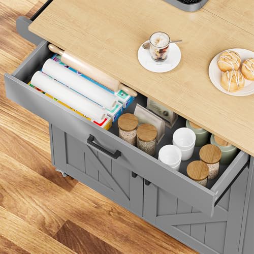 HOOBRO Kitchen Island with Drop Leaf Countertop & Power Outlet, Rolling Island Cart on Wheels, Kitchen Cart with Drawer & Spice Rack, Mobile Island Table for Kitchen, Natural and Grey GN86UZD01 - color: Natural + Grey