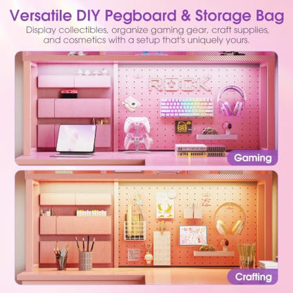 AODK 53" L Shaped Gaming Desk with Pegboard, Hutch & 4 Drawers, Pink - color: Carbon Fiber Pink