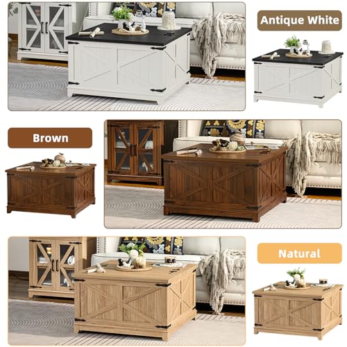 Joaxswe Farmhouse Coffee Table with Hidden Storage Compartment, Antique Black & White Square Large Center Table for Living Room, Wood Rustic Wide Coffee Tables with Hinged Lifting Tabletop for Home - color: White, style: With Legs