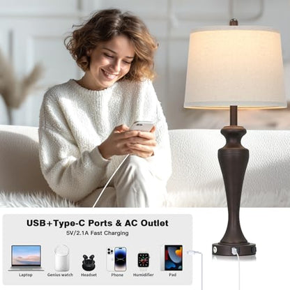 CINSARY 30“ Tall Brown Table Lamps Set of 2, Touch Control Living Room Lamp with USB A+C Ports and AC Outlet, 3-Way Dimmable Bedside Lamps for Nightstand, Modern Metal Bedroom Lamp for End Table - color: Brown (2 Pack)
