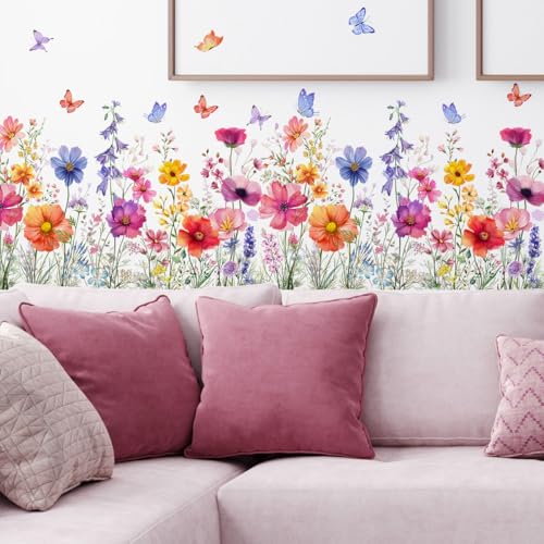 2 Pieces Flowers Wall Decals Vinyl Flowers Wall Stickers Removable Floral Murals Peel and Stick Colorful Flower Decor for Girls Bedroom Living Room Nursery (Bright) - style: Bright