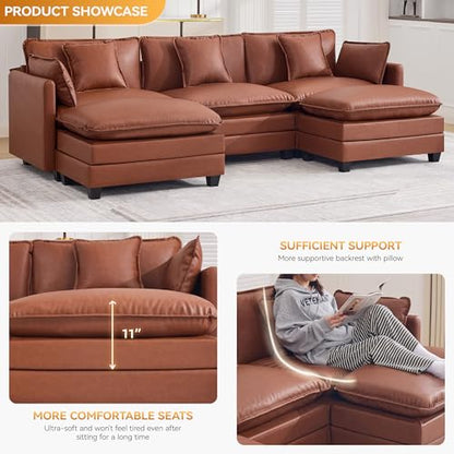 111'' Sectional Cloud Deep Seat Couch, Oversized Leather U Shaped Sectional Sofa for Living Room Set, Comfy Upholstered Modular 5-Seats Sectional Sofa Couch with 2 Movable Ottoman, Leather Brown - color: Pu-dark Brown, size: 111'' U Shape