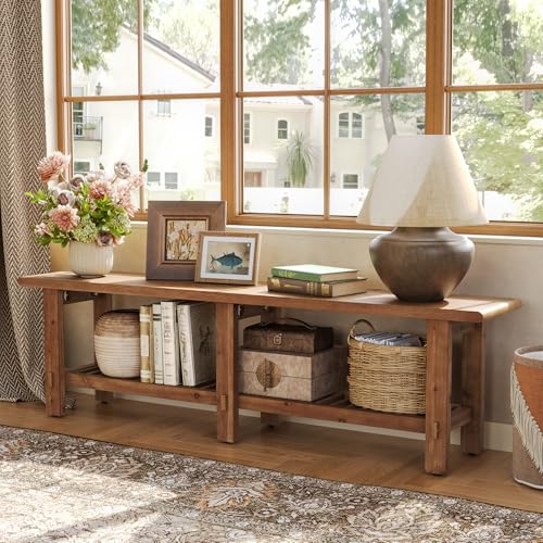 LITTLE TREE Solid Wood Entryway Shoe Bench, 63" Farmhouse Narrow End of Bed Bench with Storage Rack for Bedroom, Living Room, Entry Way, Front Door, Window, Hallway, Rustic Brown