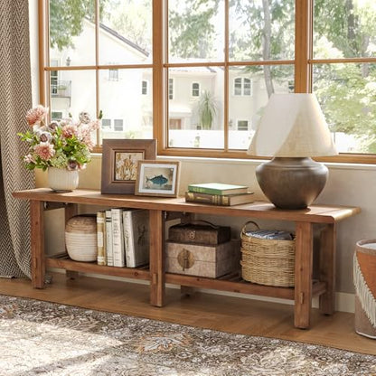 LITTLE TREE Solid Wood Entryway Shoe Bench, 63" Farmhouse Narrow End of Bed Bench with Storage Rack for Bedroom, Living Room, Entry Way, Front Door, Window, Hallway, Rustic Brown