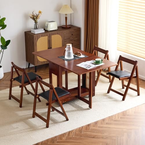 VINGLI Folding Dining Table Set Extendable Drop Leaf Solid Wood Foldable Table 5 Piece with 4 Chairs 2 Drawers and Wheels for Kitchen Space Saving,Walnut