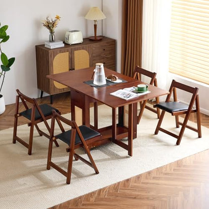 VINGLI Folding Dining Table Set Extendable Drop Leaf Solid Wood Foldable Table 5 Piece with 4 Chairs 2 Drawers and Wheels for Kitchen Space Saving,Walnut
