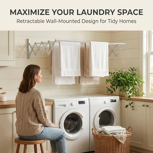 HILLHOUSE Wall Mount Drying Rack for Laundry Room - Collapsible Accordion Clothes Dryer, Extendable Aluminum Clothes Rack, Space Saving Laundry Drying Rack Wall Mounted for Bathroom & Balcony