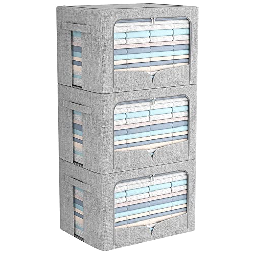 FHSQX 3 Pack Clothes Storage Bins with Metal Frame-36L | 15.7x11.8x11.8inch,Portable, Large Clear Window, Stackable, Durable Handles, Foldable, Linen Fabric - color: Light Gray, size: 15.7x11.8x11.8inch(36L)